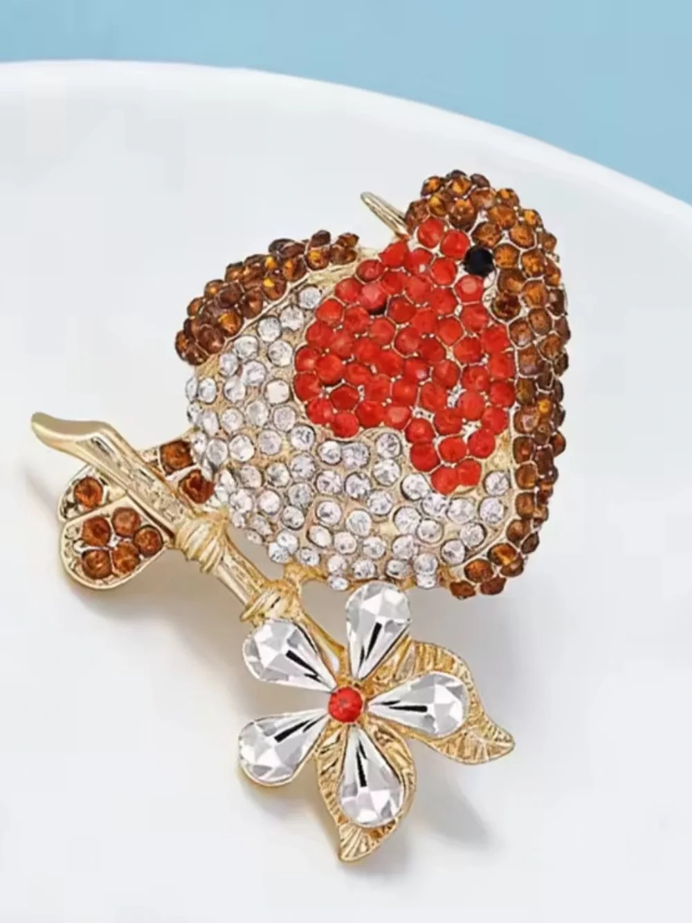 Crystal Robin Bird Floral Brooch